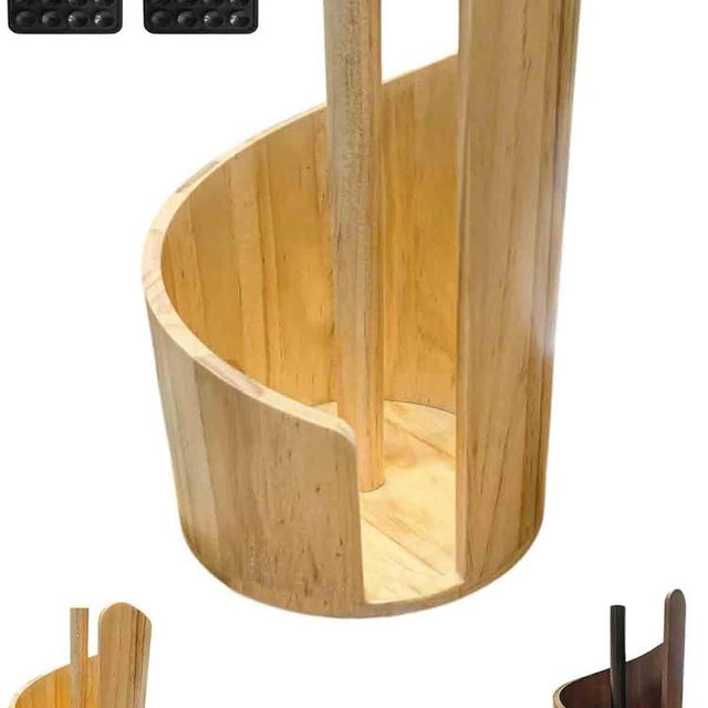 Mountain Paper Towel Holder,Natural Wooden with Wood Round Base and Holders,+ 2 Suction Cups One-Hand Tear Design,Fits Kitchen Dining Bathroom Most Household Paper Towel Rolls (Natural Wood)