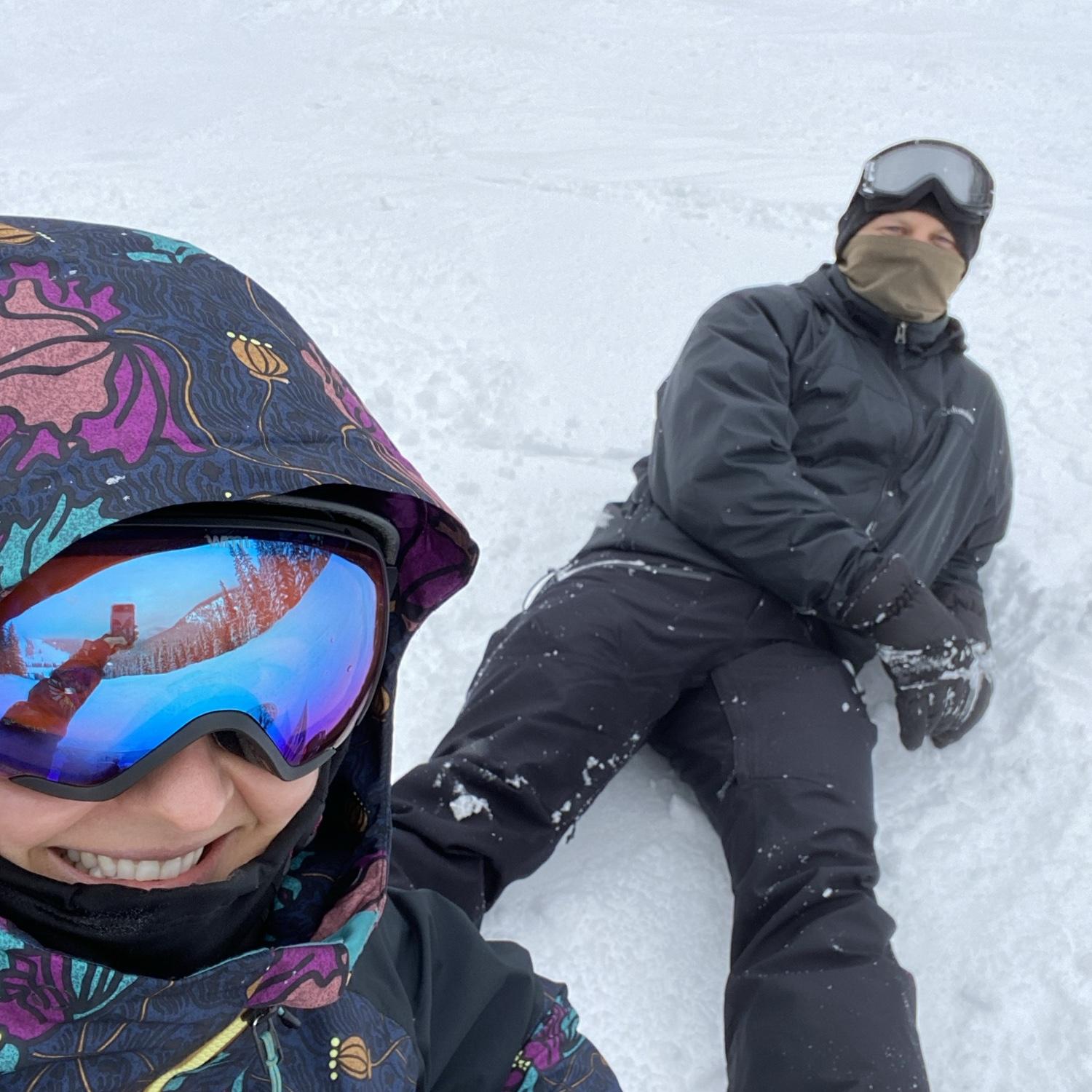 Teaching Kyle to snowboard in Washington