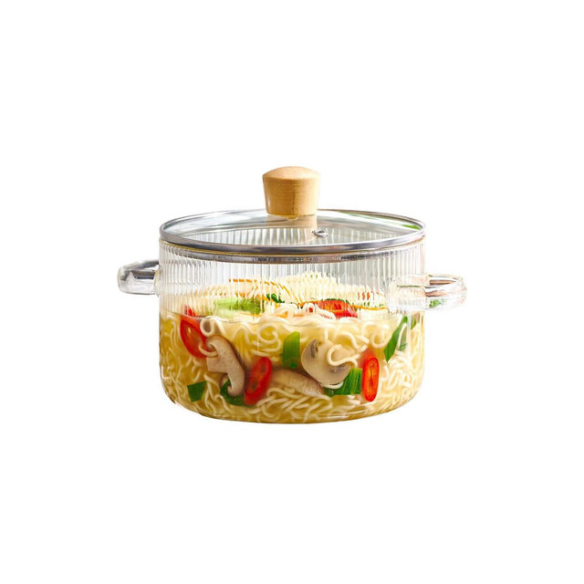 Le'raze Glass Ribbed Cooking Pot with Lid - 1.6L - Heat Resistant Borosilicate Glass