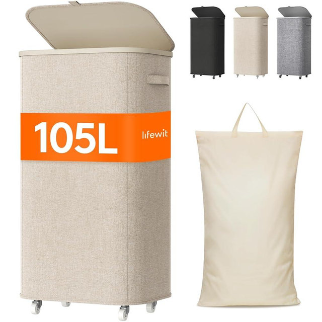 Lifewit 105L Plastic Laundry Basket with Lid, Large Clothes Hamper with Wheels and Removable Bag, Tall Collapsible Rolling Storage Bin for Dorm Bedroom Bathroom, Beige