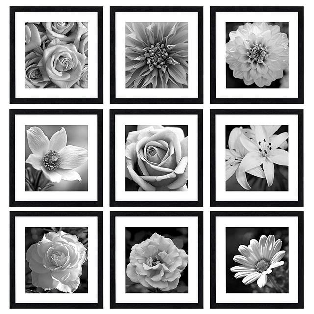 eletecpro 12x12 Picture Frames Black Set of 9,Wooden Square Photo Frame Displays 8x8 With Mat and 12x12 Without Mat,Poster Frame for Wall Hanging Home Decoration-Mounting Hardware Included