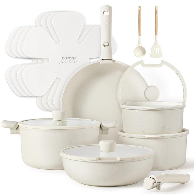 CAROTE Pots and Pans Set Non Stick, Cookware Sets, 18pcs Kitchen Set, Oven/Fridge Safe, Space Saving Pots Set, Nonstick Set with Versatile Removable/Detachable Handle, Induction RV Set, Cream White