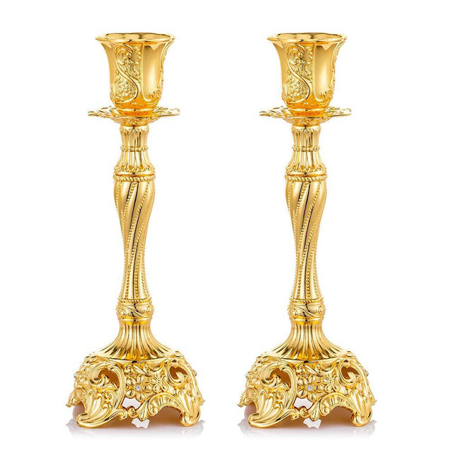Sziqiqi Gold Candlestick Holders Set of 2 Taper Candle Holders Deluxe Ornate Candle Holders for Shabbat Taper Candles, Candle Centerpiece, Wedding Candles, Christmas Candle 7.4inch