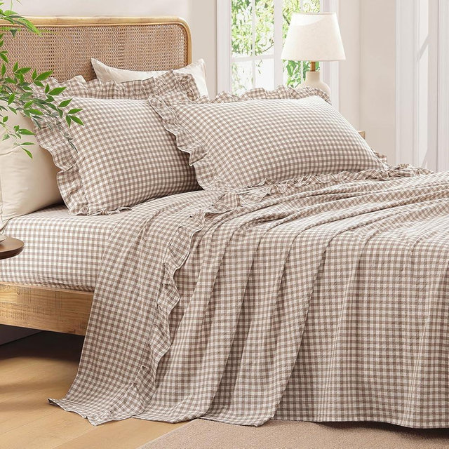 Andency Queen Cotton Gingham Sheets Set Taupe, Soft Breathable 100% Washed Cotton Plaid Ruffle Sheet for Queen Size Bed, 4 Pieces Classic Aesthetic Shabby Chic Farmhouse Room Decor Bedding Set