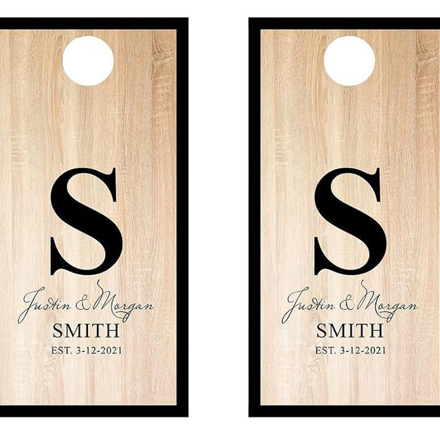 Customized Couples Name Cornhole Wraps #730 - Classic Wood with Black Trim Cornhole Wraps - Cornhole Graphic Decals - Includes Application Squeegee - Set of (2) 25" x 49" Wraps with Gloss Laminate