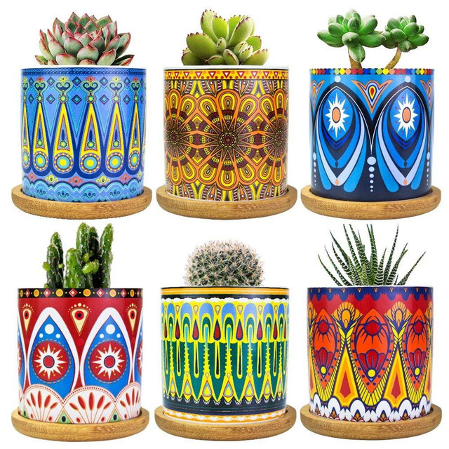 Mandala Succulent Pot with Drain Hole & Bamboo Saucers Trays, Mini Flower Pot Bohemian Ceramic Succulent Planter Pot for Small Plant-6 Pack