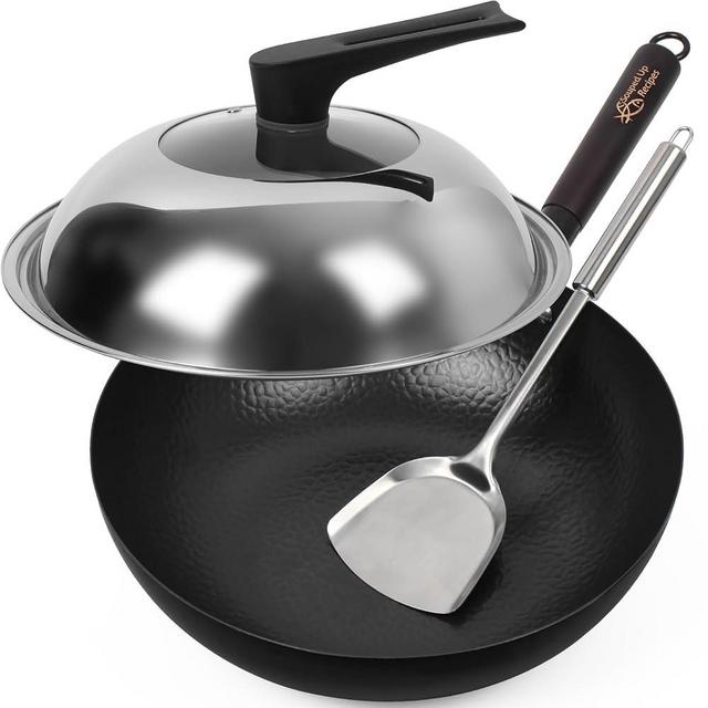 Souped Up Recipes 13.4 Inch Carbon Steel Wok For Electric, Induction and Gas Stoves (Lid, Spatula and User Guide Video Included)