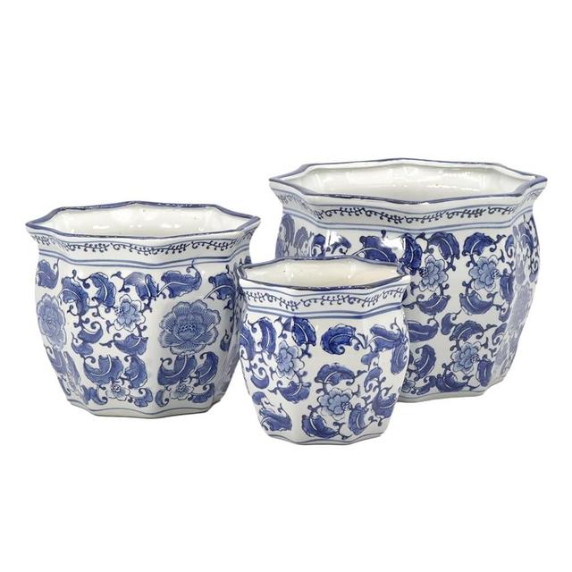 Galt International Blue & White Round Fluted Classic Floral Porcelain Ceramic Plant Flower Planter Pot Set of 3 (7.5", 10", 13") Garden Pots Chinese Asian Design