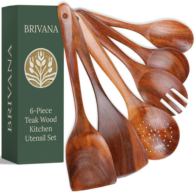 BRIVANA Teak Wood Kitchen Utensil Set, 6-Piece Wooden Spoons for Cooking, Lightweight, Heat Resistant, Durable, Easy to Clean, Comfortable Grip