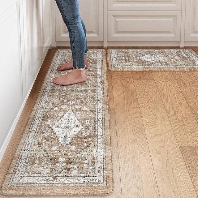 Collive Farmhouse Anti Fatigue Kitchen Mat, Cushioned Kitchen Rug Sets of 2 Waterproof Non Slip Kitchen Floor Mats Ergonomic Comfort Standing Mat for Laundry, Office, Sink, Desk, Cream/Brown