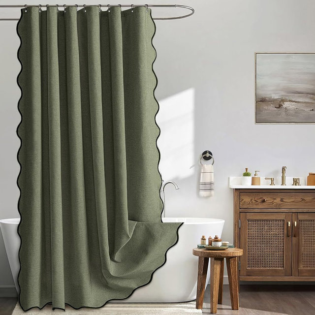 MIULEE Olive Green Scalloped Shower Curtain Linen Textured with 12 Metal Hooks Cute Heavy Duty Washable Waterproof Thick Cloth Shower Curtains with Black Border for Bathroom Hotel Bathtub,W72*L72