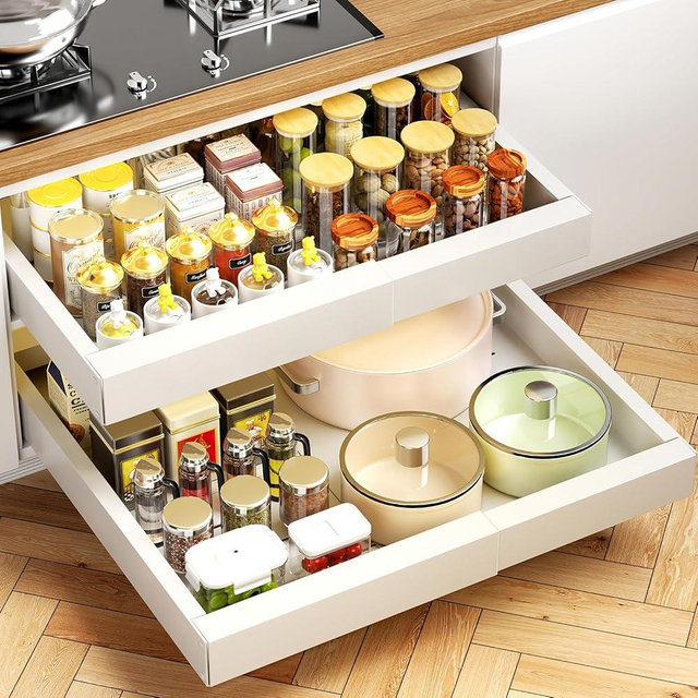 Bifixia Expandable Pull Out Cabinet Organizer, 21" Deep Adhesive Slide Out Drawer for Kitchen Cabinets Pantry Bathroom Sliding Drawer, 2-Pack Cabinet Pull Out Shelves for Kitchen Pantry Organization