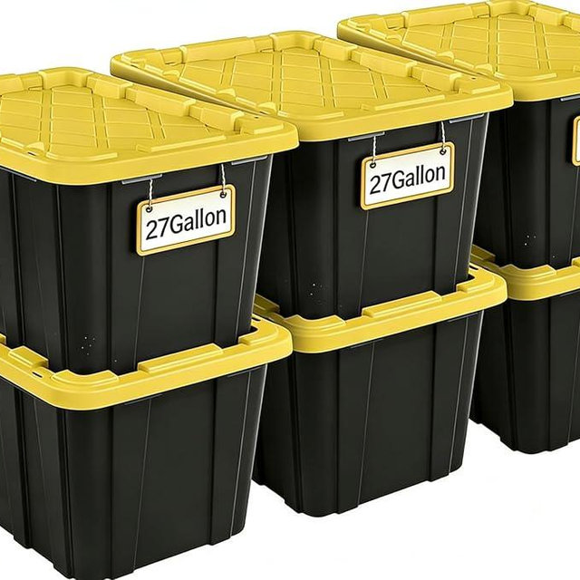 6-Pack Storage Bins Heavy Duty Stackable Industrial Tote 27-Gallon Plastic Container with Secure Snap-On Lids Design for Garage, Warehouse or Workshop Organization Black & Yellow