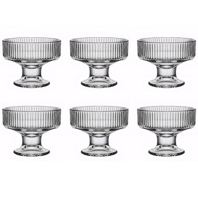 binsakao Glass Ice Cream Bowl Set of 6, Small Clear Mini Footed Dessert Cups for Fruit Pudding Trifle Parfait Sundae Nuts Cocktail Drinks Party (6.3 oz, Ribbed)