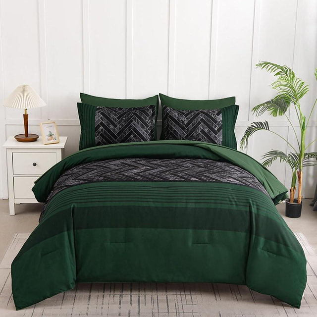 Luxudecor Emerald Green Comforter Set King Size, 7 Pieces Stripe Geometric Bed in a Bag, Soft Microfiber Forest Green Comforter and Sheet Set Complete Bedding Sets for All Seasons 104"×90"