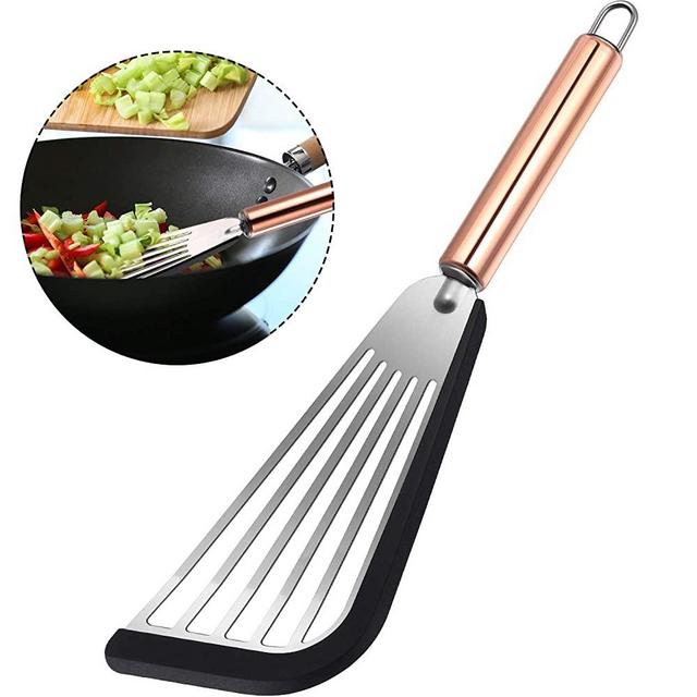 Slotted Spatula Flexible Stainless Steel Spatula with Silicone Top Soft Edge Slotted Spatula Turner with Golden Handle (1, Black)