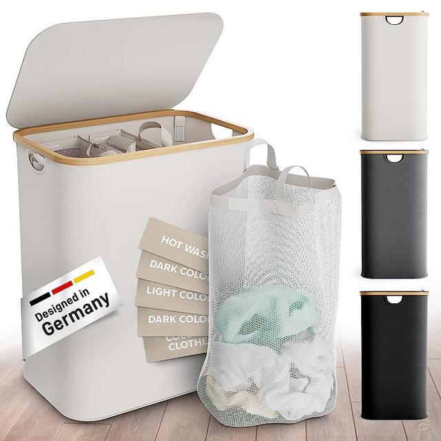 EDELFELD - Laundry Hamper with Lid [150L] - Collapsible Laundry Basket with Lid and 3 Sections - Large Hampers for Laundry with Removable Washing Bags - Freestanding Clothes Hampers for Laundry
