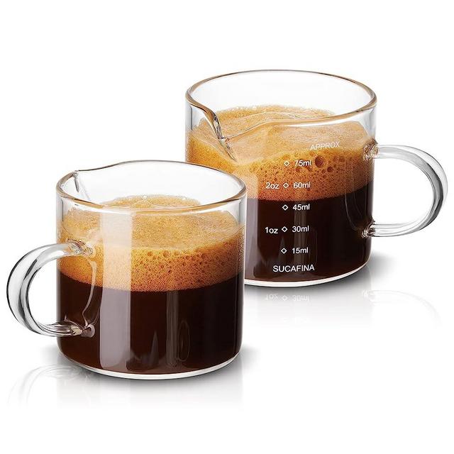 Mfacoy 2 Pack Espresso Glass Measuring Cup, 75ML Espresso Cups with Handle, Espresso Shot Glass with V-Shaped Mouth, Clear Glass Espresso Accessories, Milk Frothing Pitcher