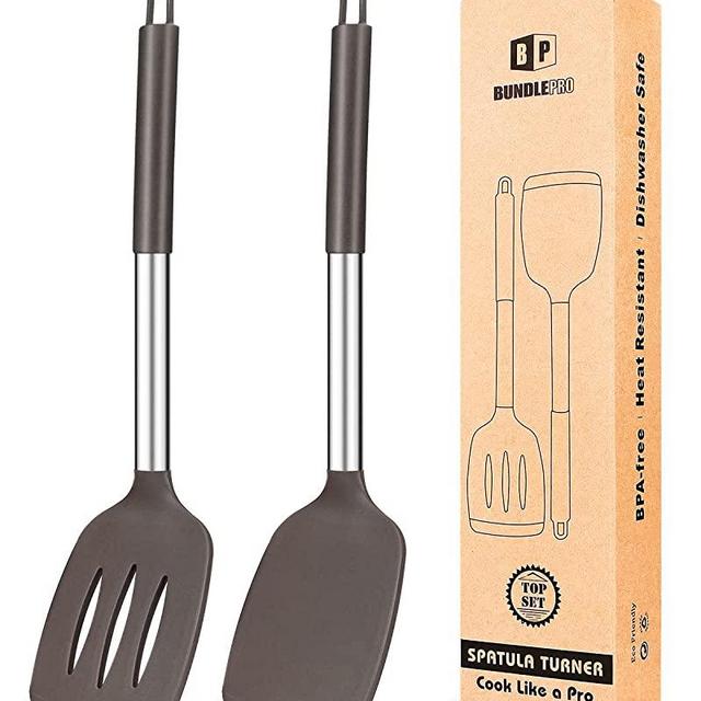 Pack of 2 Silicone Solid Turner ,Non Stick Slotted Kitchen Spatulas ,High Heat Resistant BPA Free Cooking Utensils ,Ideal Cookware for Fish ,Eggs ,Pancakes
