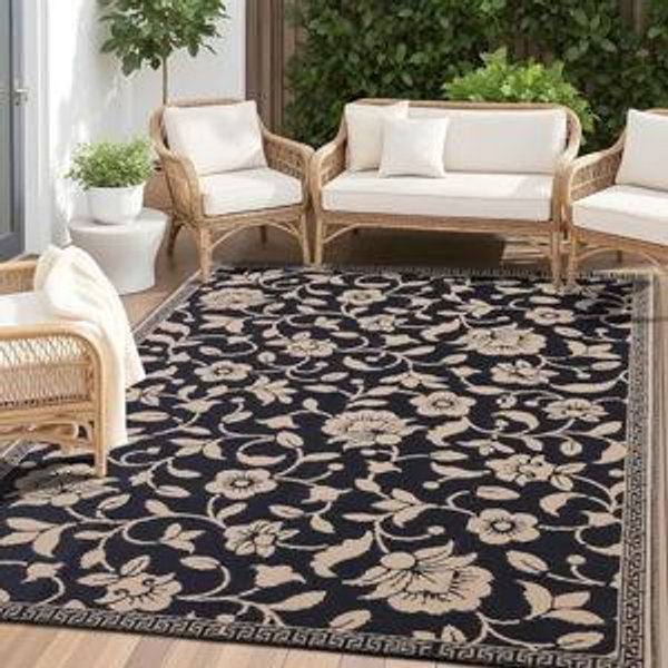 Waterproof Outdoor Rug 4x6 ft, Outdoor Plastic Straw Rug with Flower Pattern, Reversible RV Mat for Patio, Camping, Balcony, Deck, Backyard, Black & Beige