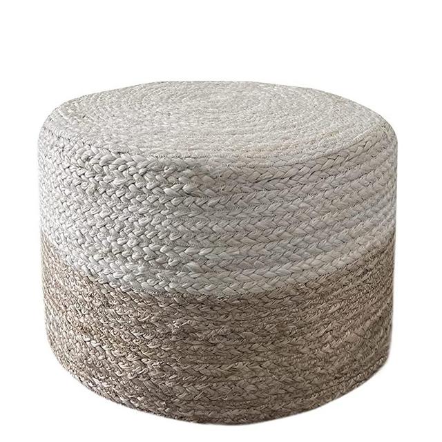 S & L Homes Pouf Ottoman - 100% Jute Braided Footrest Stool Hand Knitted Traditional Cord Boho Pouffe for Living Room, Bedroom, Nursery, Patio, Lounge Colorblock - Natural Ivory (18”x18”x12”)