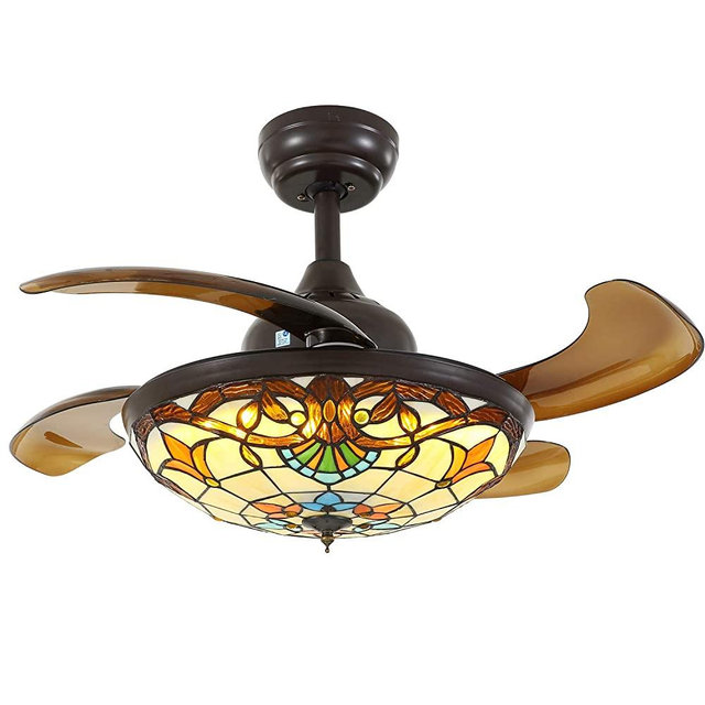 APBEAMLighting Retro Ceiling Fan Light Retractable Reverse Blades LED Dimmable Fandelier with Remote Control for Bedroom Dining Room 36 Inches