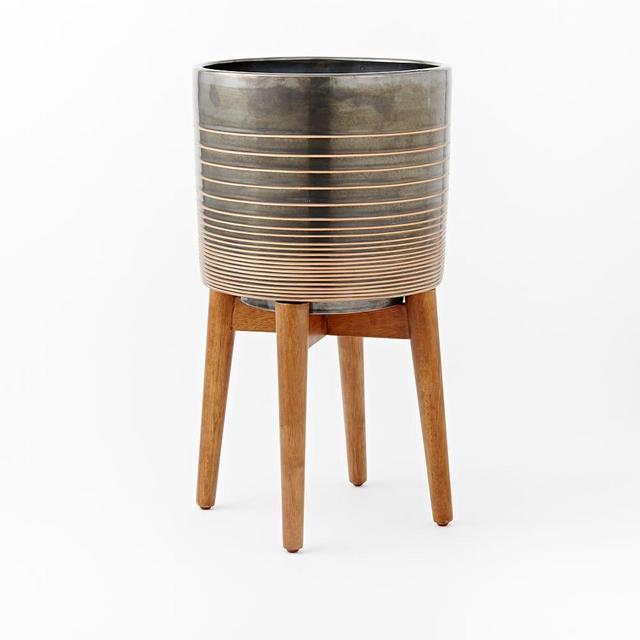 Turned Wood Leg Standing Planter, Tall, Black/Gold