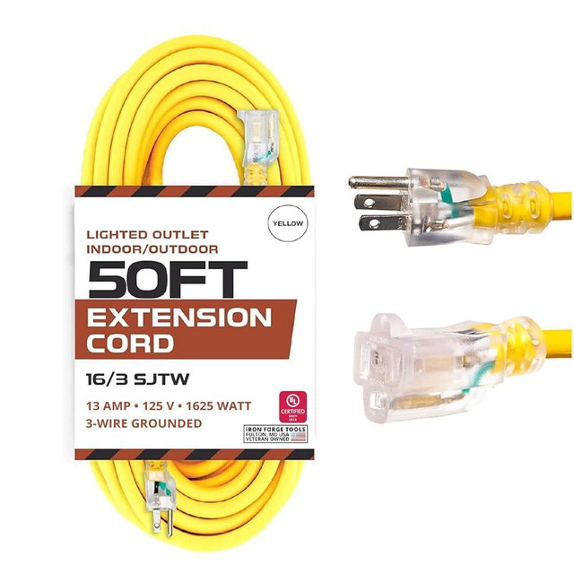 Iron Forge Cable Weatherproof 50 Ft Outdoor Extension Cord - 16/3 SJTW 13 Amp Heavy Duty Highly Visible Yellow Extension Cord 50ft 3 Prong - Lighted End