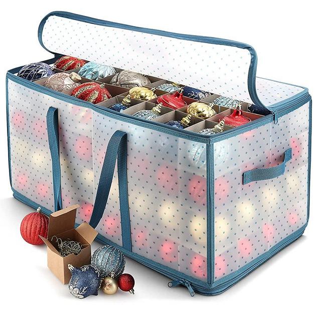 Large Christmas Ornament Storage Box With Adjustable Dividers - Plastic Ornament Storage Container For 128 Holiday Ornaments or Decorations - By Hearth & Harbor