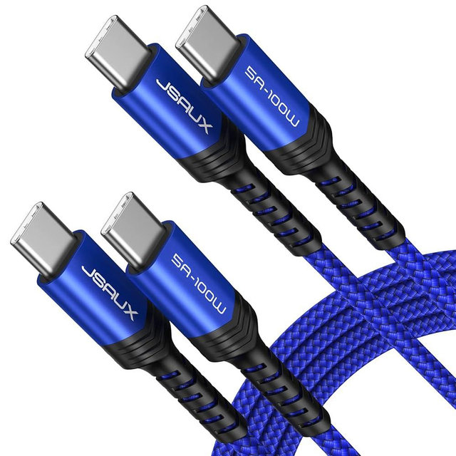JSAUX 100W USB C to USB C Cable (2-Pack, 10ft), USBC Type C Charge Cord 5A Fast Charging Compatible with Nintendo Switch 2 iPhone 16 Pro Max Samsung Galaxy S25 S24 MacBook iPad Air Pro Carplay -Blue
