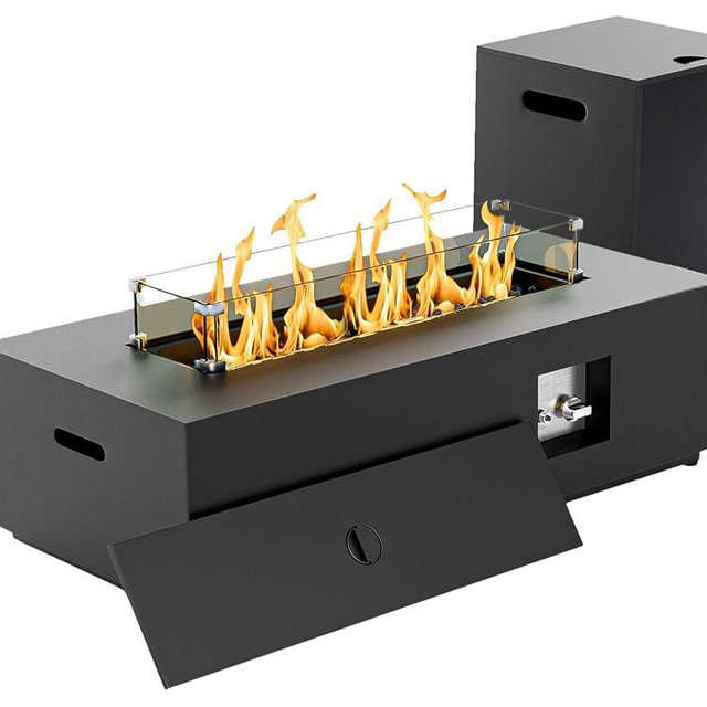 SUNPEAK 42" Rectangular Propane Fire Pit Table 50,000 BTU Fireplace Table with Wind Guard, Lid, Rocks and Cover - Fire Pits & Outdoor Fireplaces - Gas Fire Pits for Outside Patio (Black, 42")