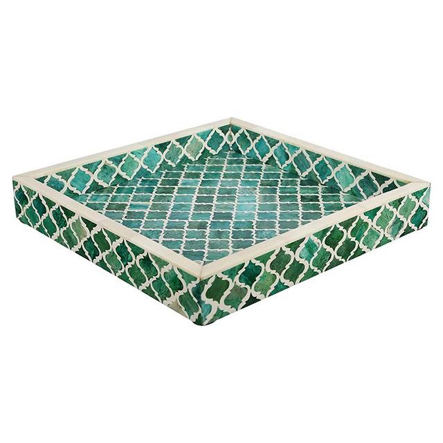 Moorish Moroccan Pattern Inspired Trays – Ideal Ottoman Tray – Multipurpose Bone Inlay Serving Tray or Simply Use as a Decorative Trays 12x12 Inches Green White