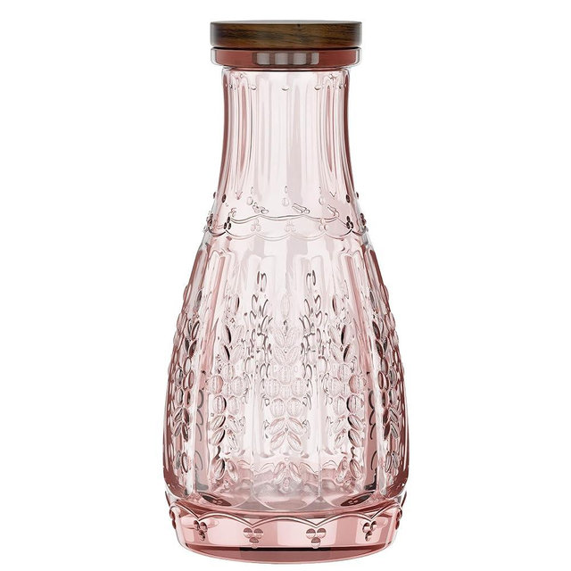 Elle Decor Colored Glass Carafe with Wood Lid | Leak-Proof Glass Pitcher for Water, Juice, Mimosa Bar, Iced Tea | Drink Containers for Fridge | Food-Grade Silicone | 1 Liter | Dishwasher Safe