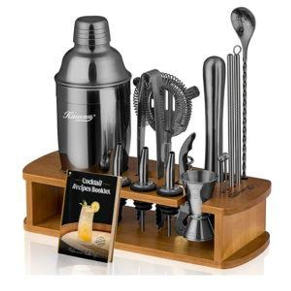 KITESSENSU Cocktail Shaker Set Bartender Kit with Stand | Bar Set Drink Mixer Set with All Essential Bar Accessory Tools: Martini Shaker, Jigger, Strainer, Mixer Spoon, Muddler, Liquor Pourers | Black