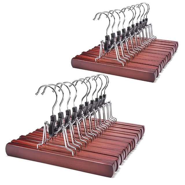 Nature Smile Wooden Pants Hangers 20 Pack Non Slip Skirt Hangers, Smooth Finish Solid Wood Clamp Hangers Hair Extension Hangers Jeans/Slack Hangers with 360° Swivel Hook - Pants Clip Hangers (Cherry)