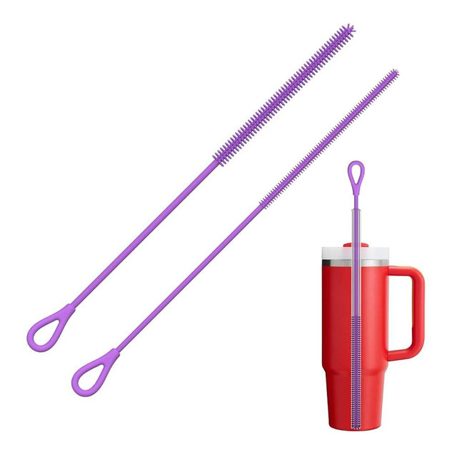 YOTIME Silicone Straw Cleaner Brush, 2Pcs Reusable Straw Brush Extra Long for Cleaning Tumbler with Handle and Glass Metal Smoothie Straws, Non-slip Handle Soft and Bendable, 6mm+9mm, Purple