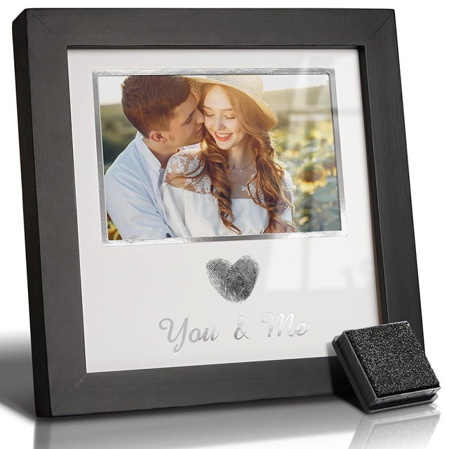 You & Me Thumbprint Picture Frame with Ink Kit, Anniversary Wedding Gifts for Couples, Fingerprint Heart Photo Frame for Wedding, Engagement, Bridal Shower, Wedding Anniversary & Valentine’s Day Gift (Black)
