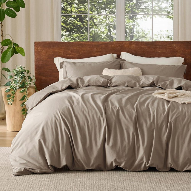 Bedsure 100% Washed Cotton Duvet Cover Oversized King - Muted Brown Minimalist Duvet Cover Linen Like - GentleSoft™ Plain Simple Bedding, 3 Pieces (Muted Brown, Oversized King, 120"x98")