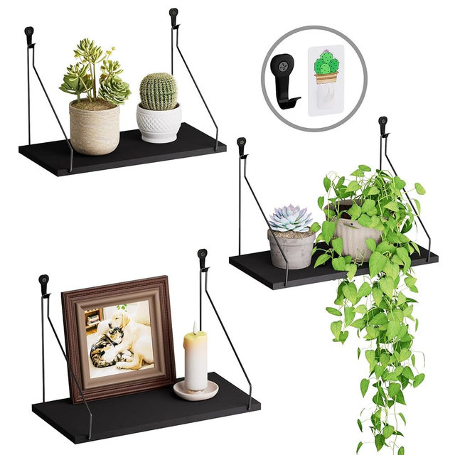QsQueen Elevate Your Space with Rustic Wood Floating Shelves Set of 3- Perfect for Bedroom, Living Room, Bathroom, and Kitchen Decor - Easy Installation, No Drilling Needed! Black