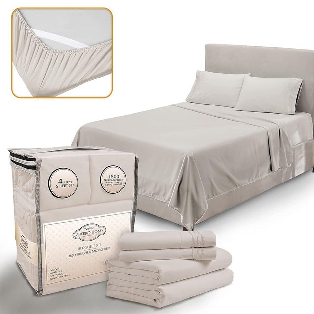 Abeero Home Queen Sheet Set - Luxury Hotel Bed Sheets - Soft Cooling Sheets with Elastic Corner Straps - Deep Pockets Microfiber Bedsheet - Bedding Sheets & Pillowcases - 4 Piece (Queen Size, Beige)