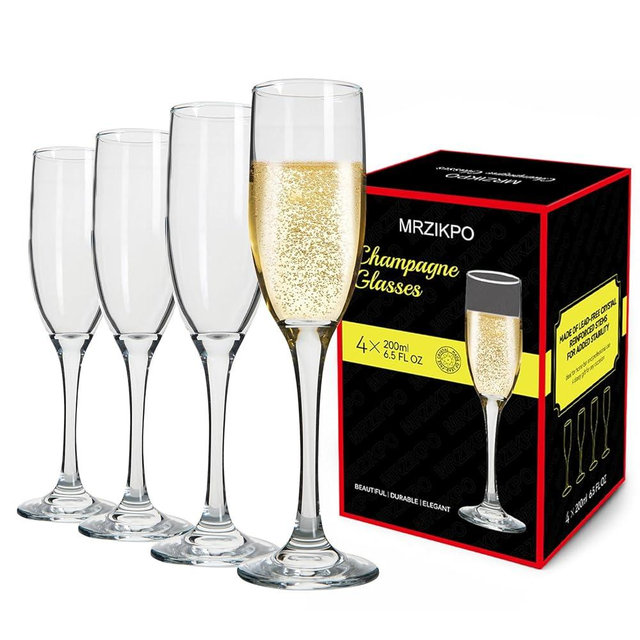 MRZIKPO Champagne Glasses,Set of 4,Classic Shape,Hand Blown Elegant Unique Gift for Long stem Sparkling,Wine glasses for Wedding,Birthday Mother’s Day-Ideal for Wine Tasting,Daily Use-6.5 oz,Clear