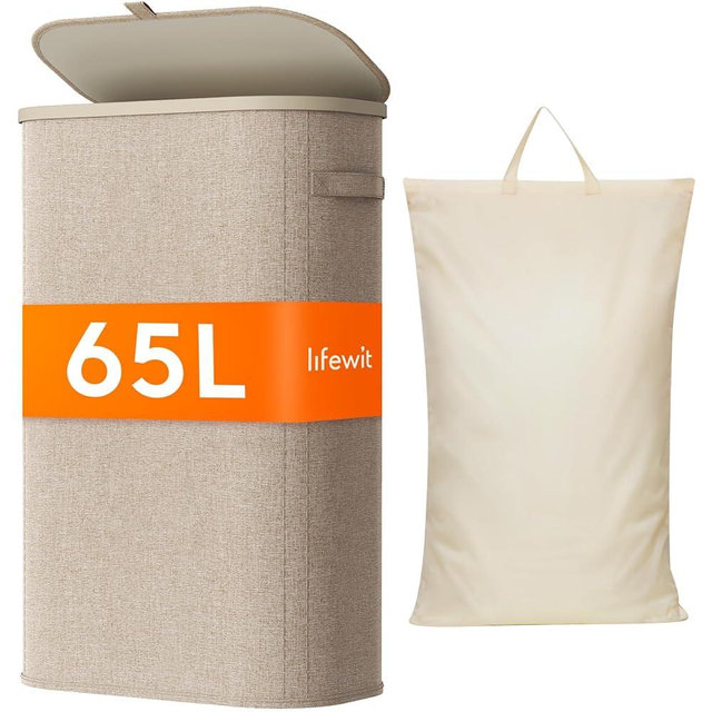 Lifewit 65L Slim Laundry Basket with Lid, Narrow Large Laundry Hamper with Plastic Handles and Removable Bag, Tall Foldable Dirty Clothes Hampers for Laundry Room, Bedroom, Bathroom, Dorm, Beige