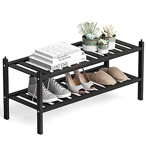 Dranixly Shoe Rack, 2-Tier Bamboo Stackable Shoe Shelf Storage Organizer, Shoe Stand for Closet, Entryway, Hallway, Bathroom and Living Room（Black）