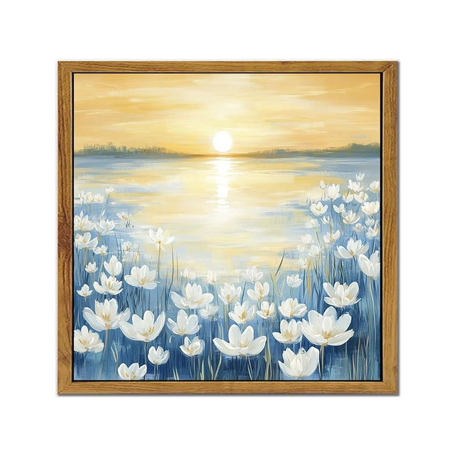 ARTZIO Bathroom Navy Blue Framed Wall Art, Floral Coast Oil Painting Wall Decor, Landscape Modern Nature Room Decor Painting, Living Room Home Print, 12x12 Inch, Canvas Ready To Hang