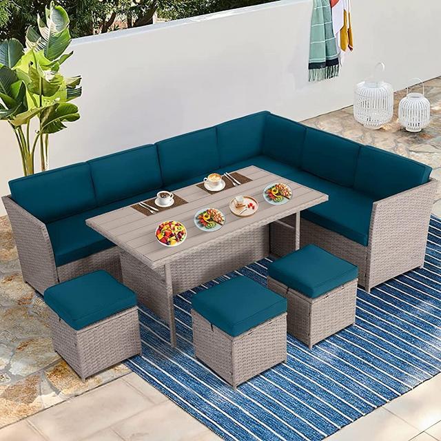 YOCONYO Outdoor Patio Furniture,7 Piece Wicker Patio Conversation Set Outdoor Dining Set with Ottoman (G-Blue)