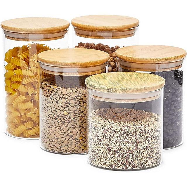 Glass Canisters with Airtight Bamboo Lids, 3 Sizes for Pantry Storage (5 Pack)