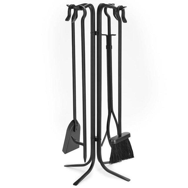 FEED GARDEN Fireplace Tools Set 5 Pieces Indoor Outdoor Black Wrought Iron Fire Place Poker Sets Shovel Brush Fireset Fire Pit Stand Wood Stove Log Tongs Accessories