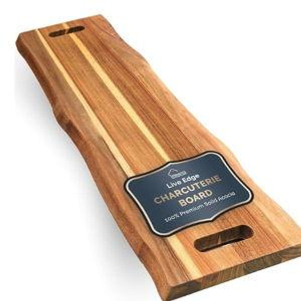 Live Edge Acacia Large Serving Board with Handles, 36x12x1” Large Wood Charcuterie Board for Bread, Meat, Appetizers, Non Toxic Rustic Cutting & Serving Tray For Kitchen
