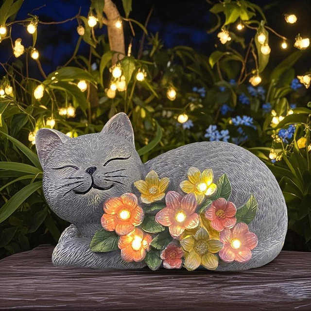 LEAESMHR Solar Cat Outdoor Statue, Resin Solar Cat Lights with Flower for Outside, Garden Cats Figurine for Lawn Porch Yard Art - Birthday Gifts for Mom Grandma Women