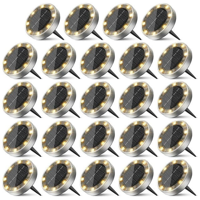Peasur Solar Ground Lights Outdoor, 24 Pack Flat Solar Powered Disc Lights, IP68 Waterproof, Anti-Rust, Landscape Lighting for Pathway Garden Yard Lawn Walkway Landscape Driveway, Warm White